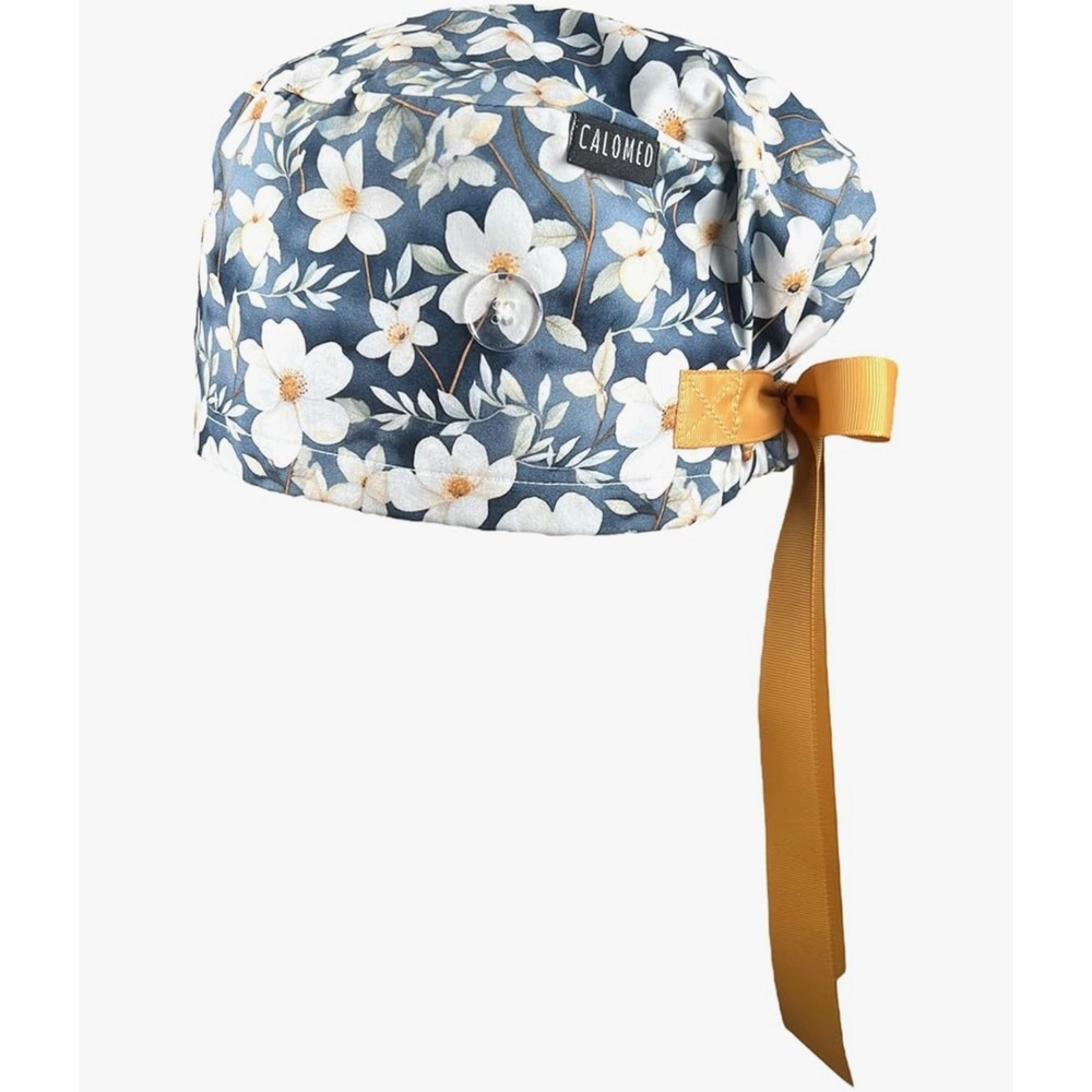 CALOMED Scrub Hat Adjustable Tie White Flowers on Gray
